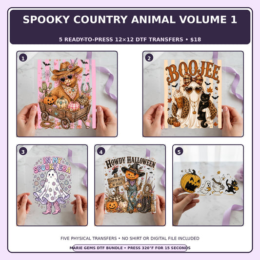 Spooky Country Animal Volume 1 five-pack 12x12 ready-to-press DTF transfer bundle collage showing all five included designs