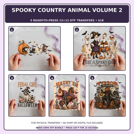 Spooky Country Animal Volume 2 five-pack 12x12 ready-to-press DTF transfer bundle collage showing all five included designs