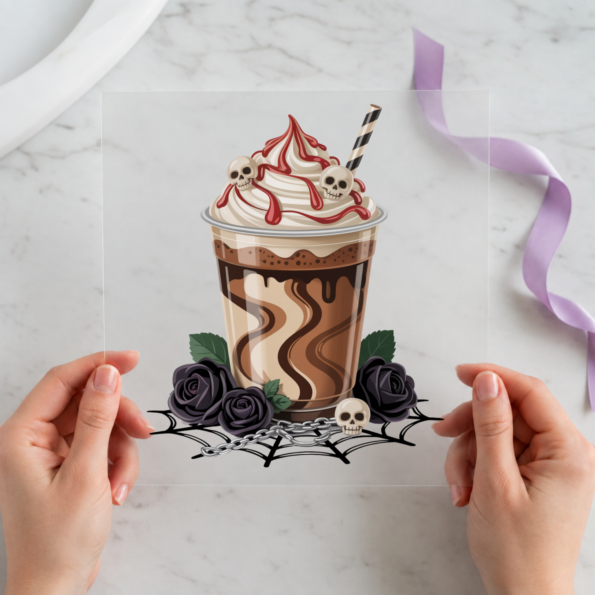 Spooky Halloween Coffee Cup 12 by 12 ready-to-press DTF heat transfer for a holiday shirt