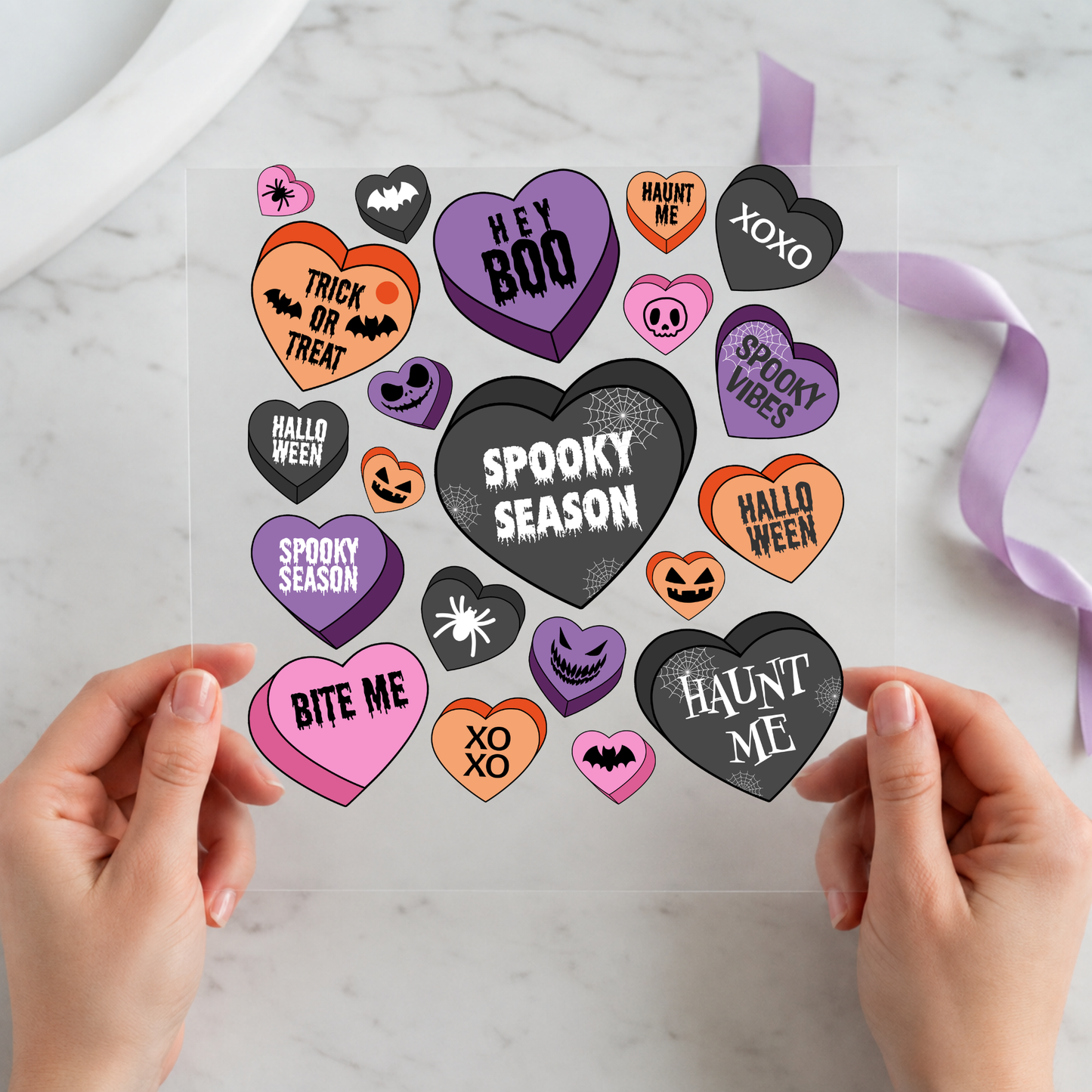 Spooky Season Candy Hearts 12 by 12 ready-to-press DTF heat transfer for a Halloween shirt