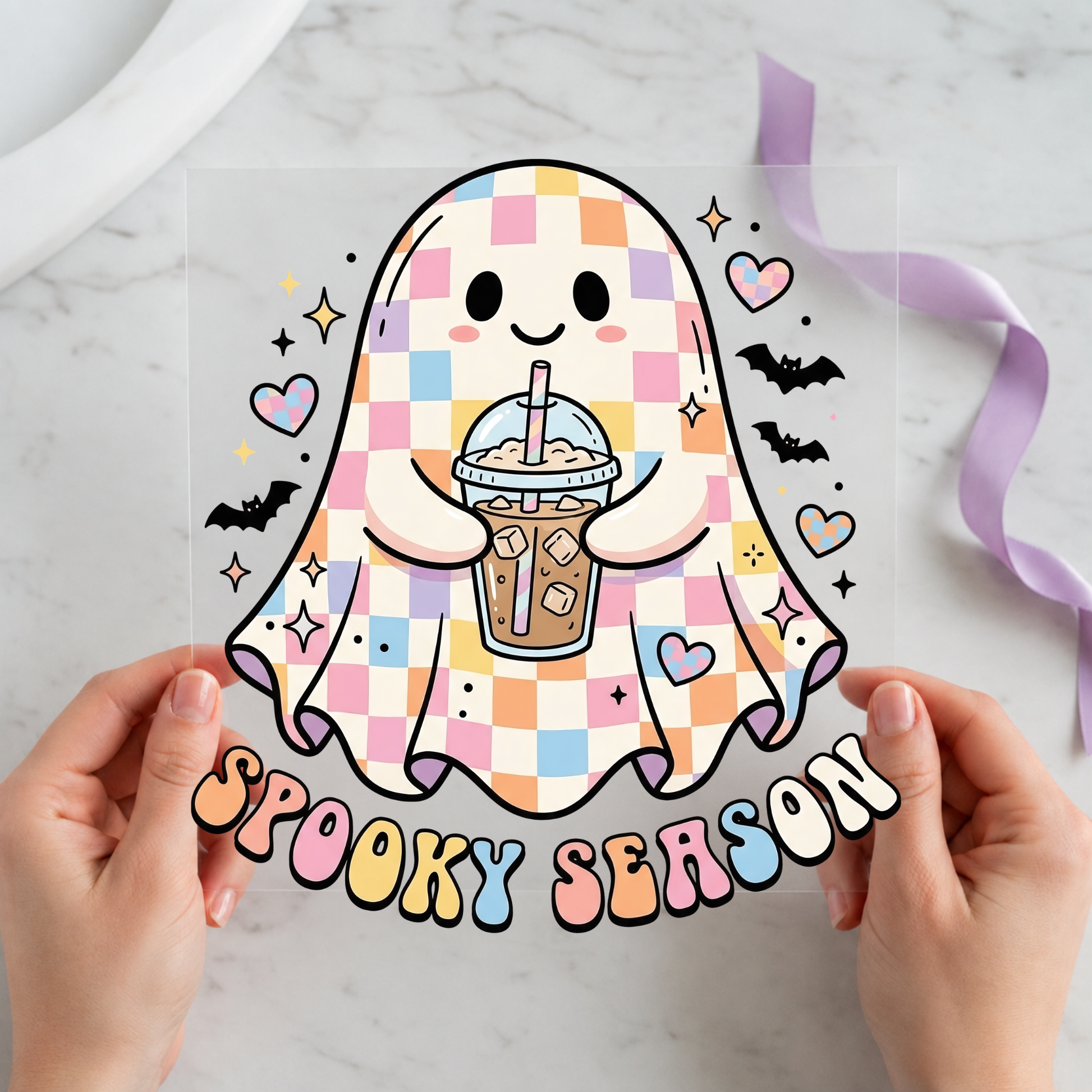 Spooky Season Coffee Ghost featuring pastel plaid ghost holding iced coffee with bats and hearts on a 12x12 ready-to-press DTF heat transfer