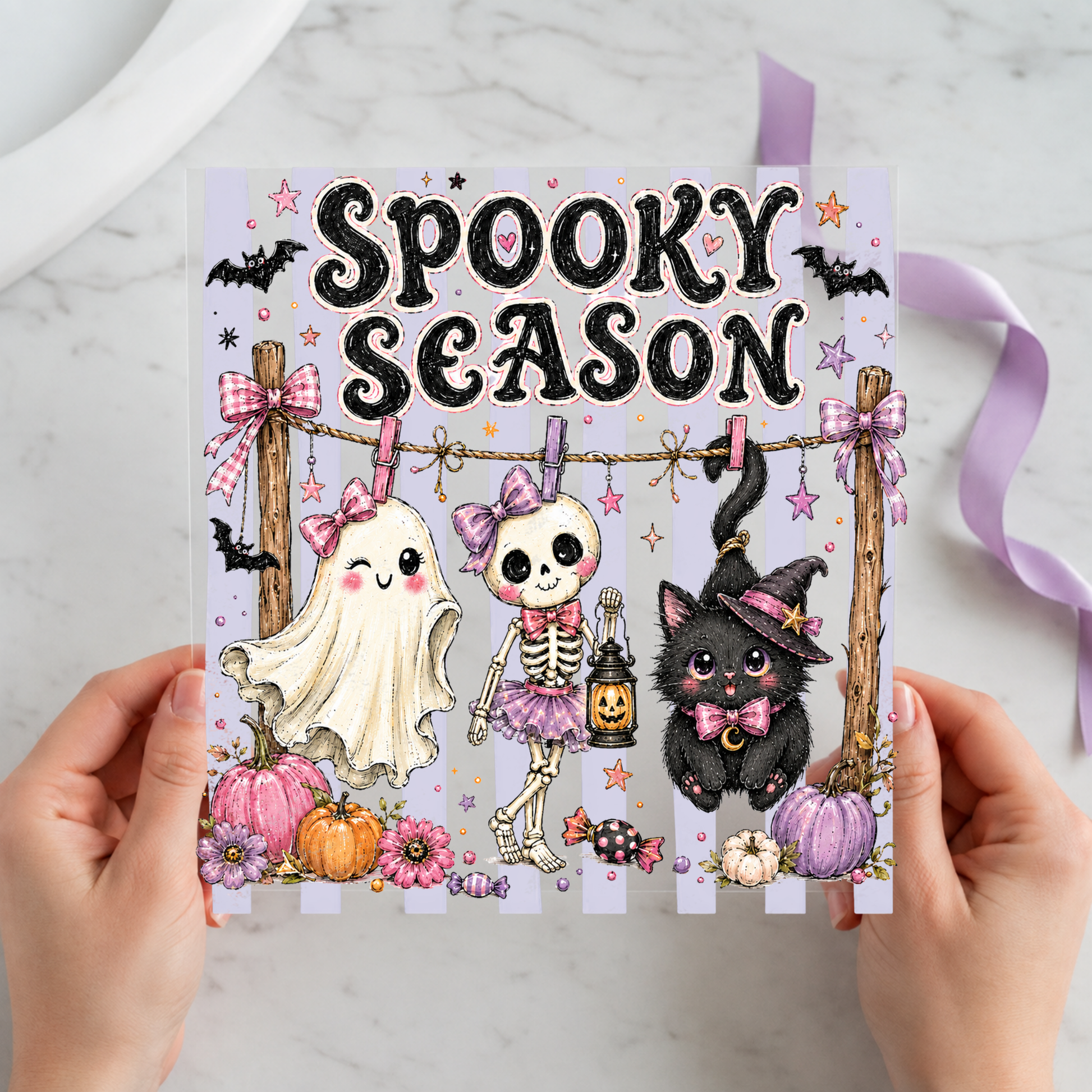 Spooky Season Ghost Skeleton Cat featuring ghost, skeleton and black cat under a decorated Spooky Season sign on a 12x12 ready-to-press DTF heat transfer