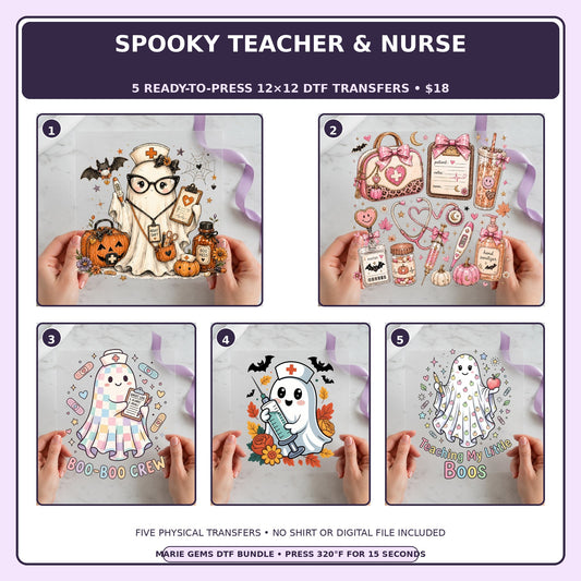 Spooky Teacher & Nurse five-pack 12x12 ready-to-press DTF transfer bundle collage showing all five included designs