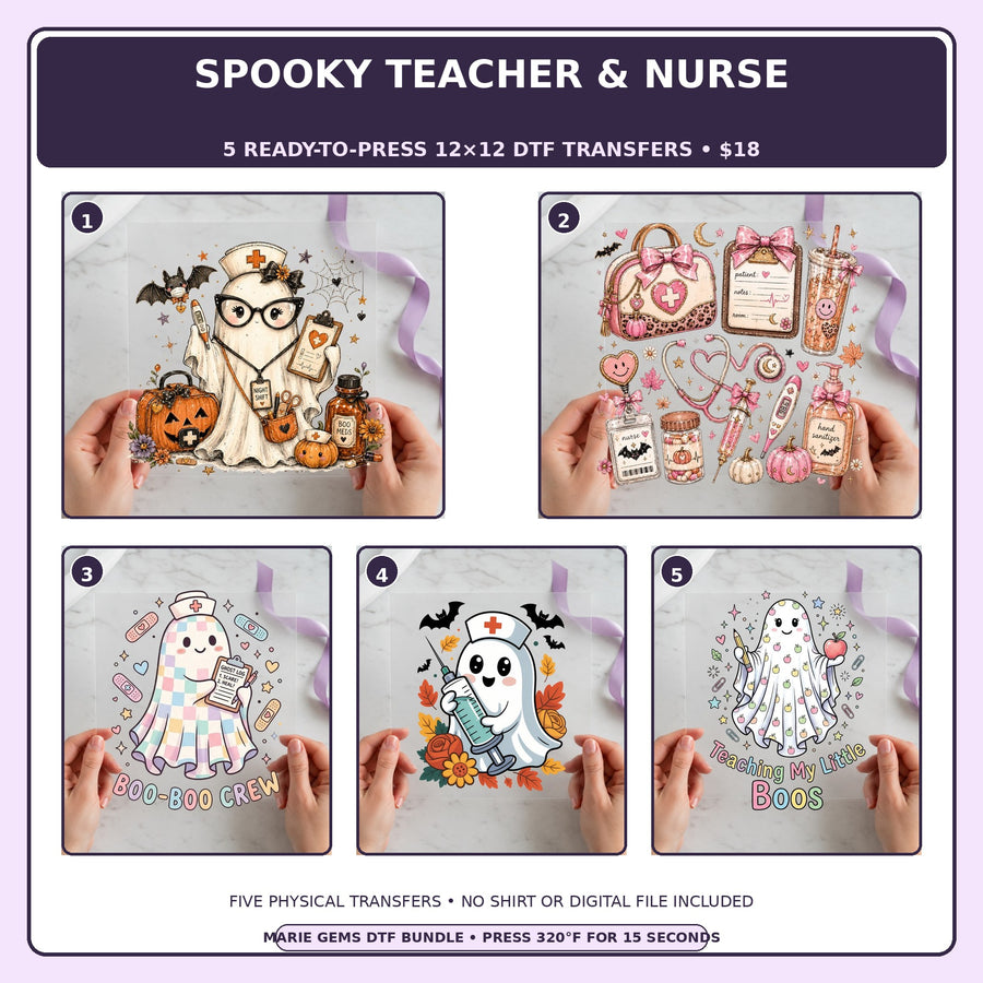Spooky Teacher & Nurse five-pack 12x12 ready-to-press DTF transfer bundle collage showing all five included designs
