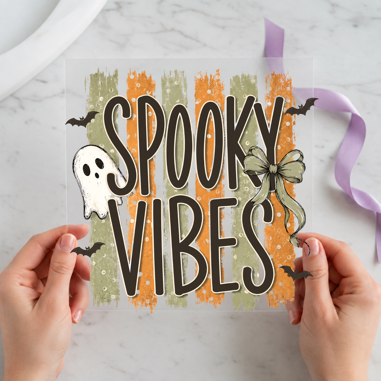 Spooky Vibes Retro Ghost featuring ghost with orange, cream and sage distressed lettering on a 12x12 ready-to-press DTF heat transfer