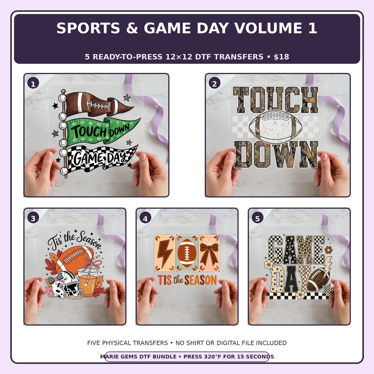Sports & Game Day Volume 1 five-pack 12x12 ready-to-press DTF transfer bundle collage showing all five included designs