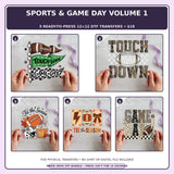 Sports & Game Day Volume 1 five-pack 12x12 ready-to-press DTF transfer bundle collage showing all five included designs