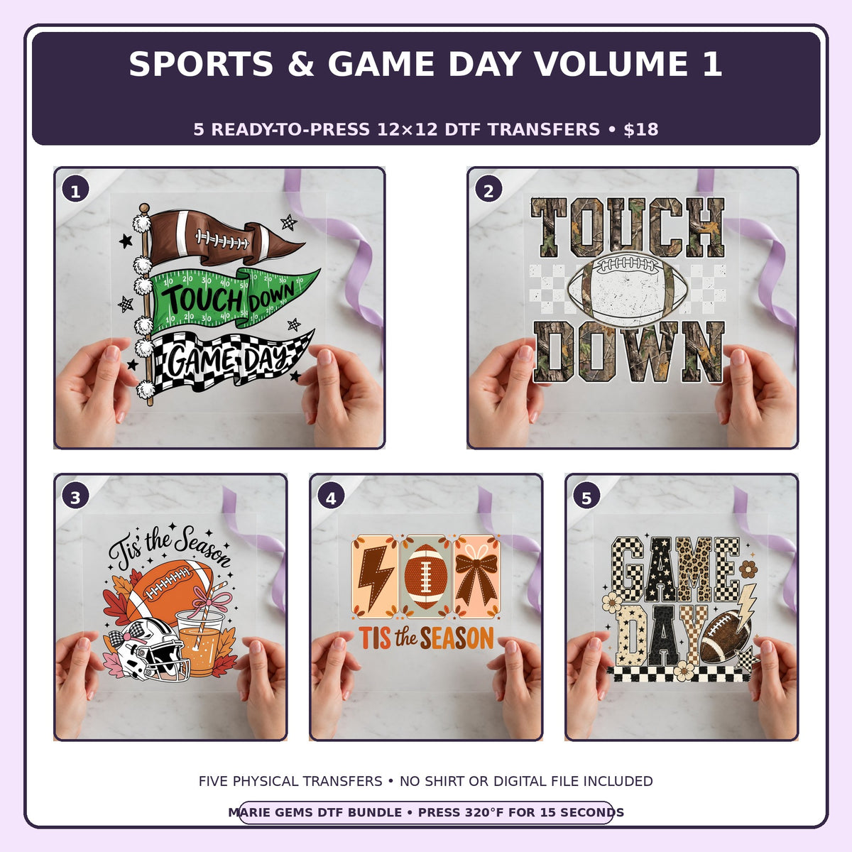 Sports & Game Day Volume 1 five-pack 12x12 ready-to-press DTF transfer bundle collage showing all five included designs