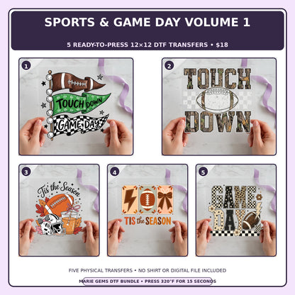 Sports & Game Day Volume 1 five-pack 12x12 ready-to-press DTF transfer bundle collage showing all five included designs