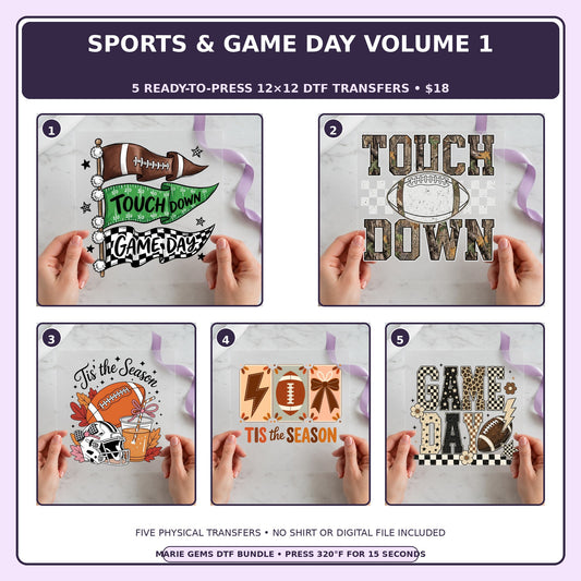 Sports & Game Day Volume 1 five-pack 12x12 ready-to-press DTF transfer bundle collage showing all five included designs