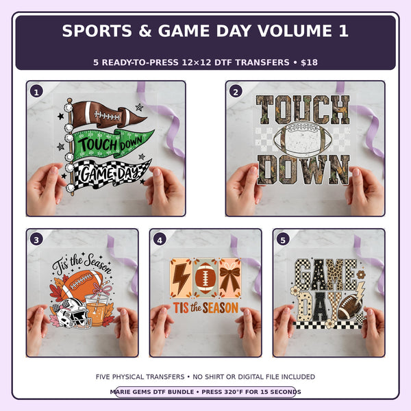 Sports & Game Day Volume 1 five-pack 12x12 ready-to-press DTF transfer bundle collage showing all five included designs