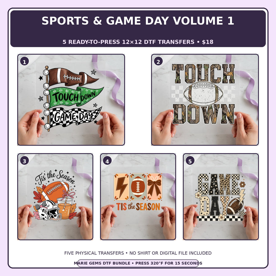 Sports & Game Day Volume 1 five-pack 12x12 ready-to-press DTF transfer bundle collage showing all five included designs