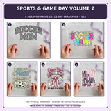 Sports & Game Day Volume 2 five-pack 12x12 ready-to-press DTF transfer bundle collage showing all five included designs