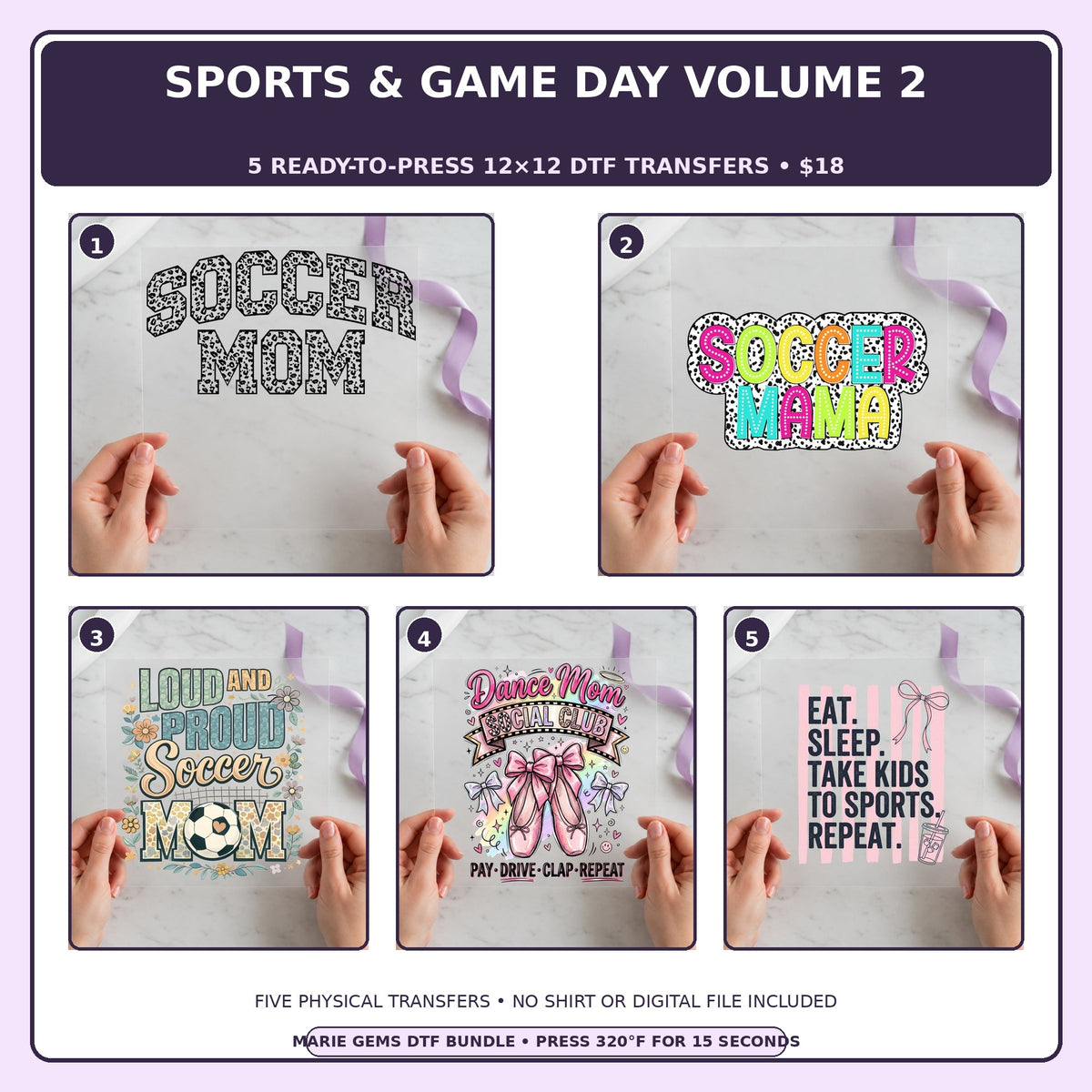 Sports & Game Day Volume 2 five-pack 12x12 ready-to-press DTF transfer bundle collage showing all five included designs