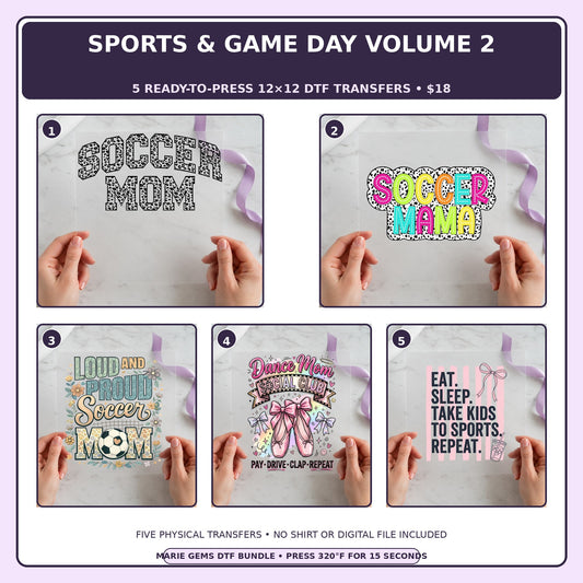 Sports & Game Day Volume 2 five-pack 12x12 ready-to-press DTF transfer bundle collage showing all five included designs