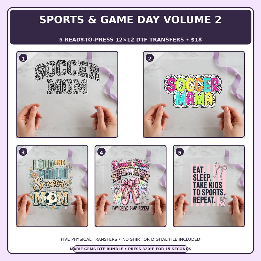 Sports & Game Day Volume 2 five-pack 12x12 ready-to-press DTF transfer bundle collage showing all five included designs