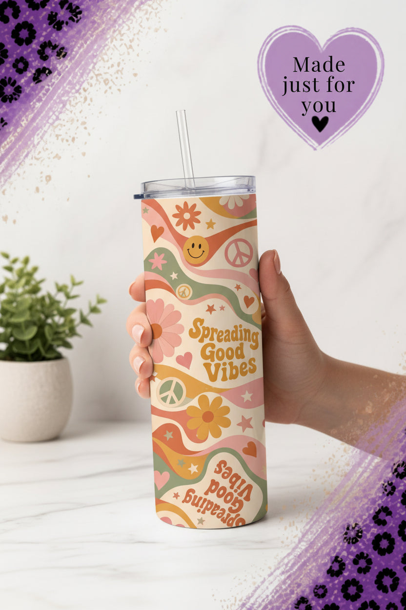 Spreading Good Vibes groovy 20 oz tumbler with retro flowers, smiley faces and peace signs