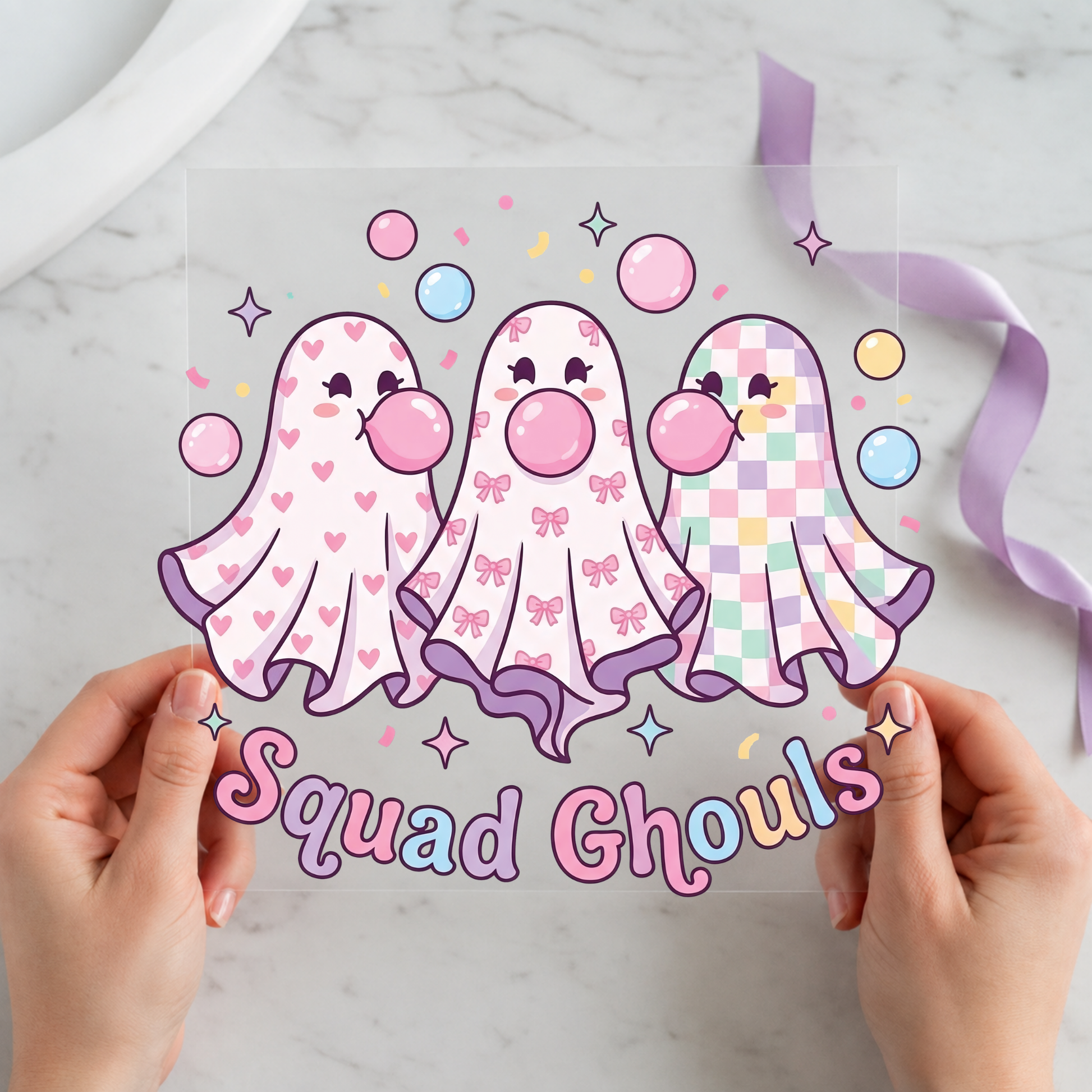 Squad Ghouls Coquette Ghosts featuring three patterned ghosts with bows, bubbles and pastel colors on a 12x12 ready-to-press DTF heat transfer