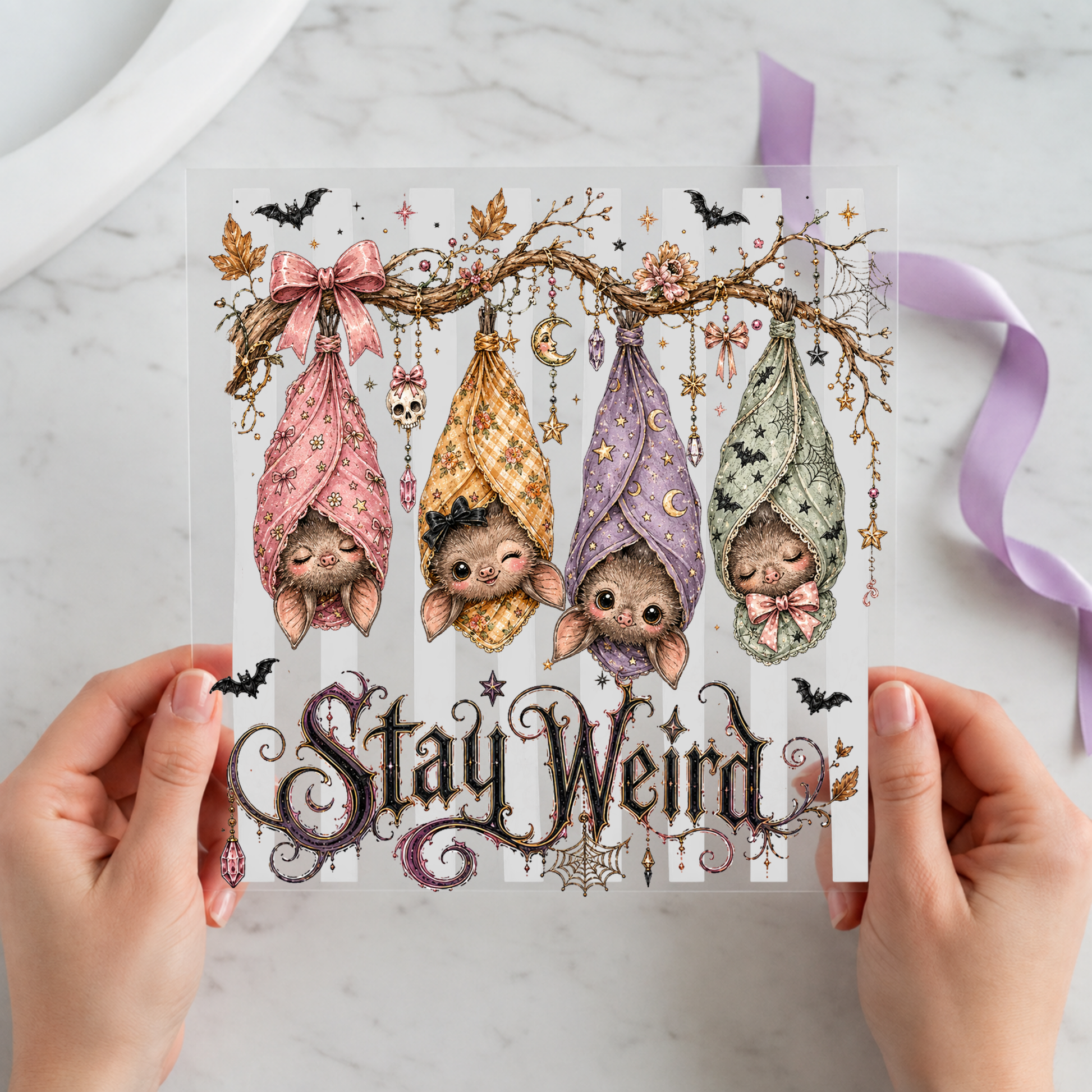 Stay Weird Spooky Bats featuring five hanging bats in patterned wings beneath a large ornate bow on a 12x12 ready-to-press DTF heat transfer
