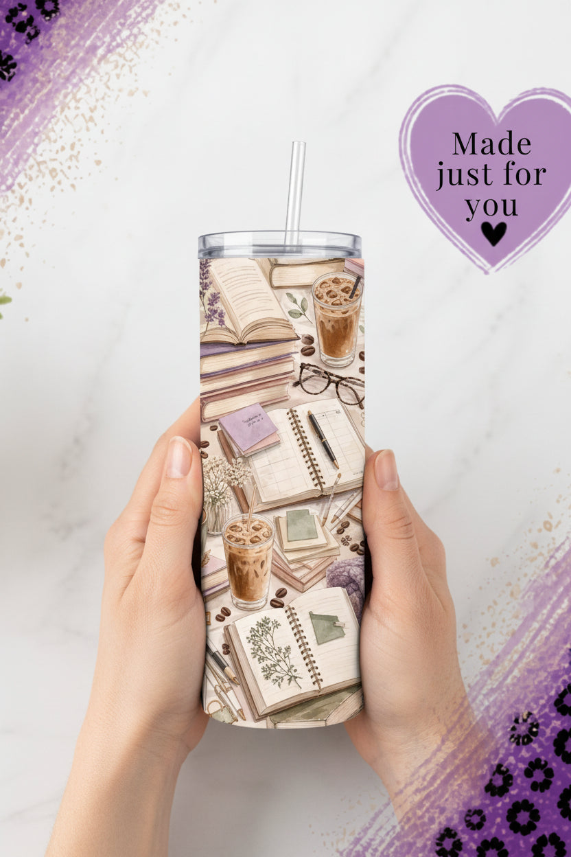 Study fuel 20 oz tumbler with books, planners, glasses and iced coffee in soft neutral colors