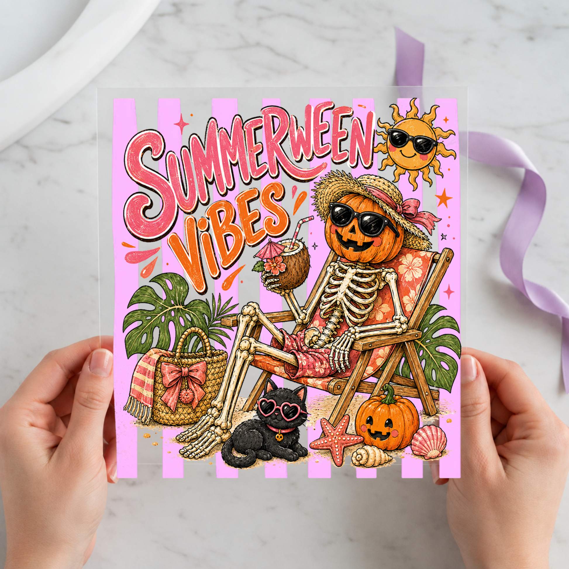 Summerween Vibes Skeleton featuring skeleton lounging in sunglasses among tropical leaves, pumpkins and beach items on a 12x12 ready-to-press DTF heat transfer