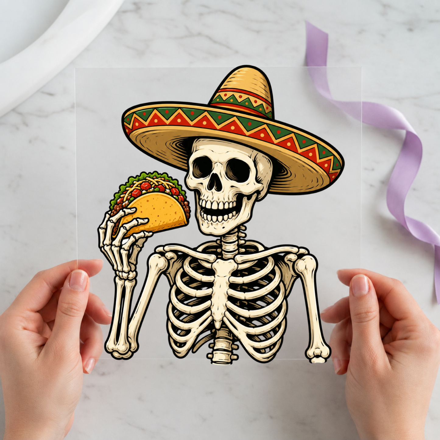 Taco Skeleton Sombrero featuring skeleton in a large sombrero holding a taco on a 12x12 ready-to-press DTF heat transfer