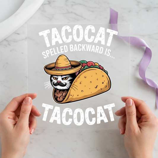 Tacocat Spelled Backwards individual product photo included in the Funny Cat Curated Mix 3 five-pack DTF transfer bundle