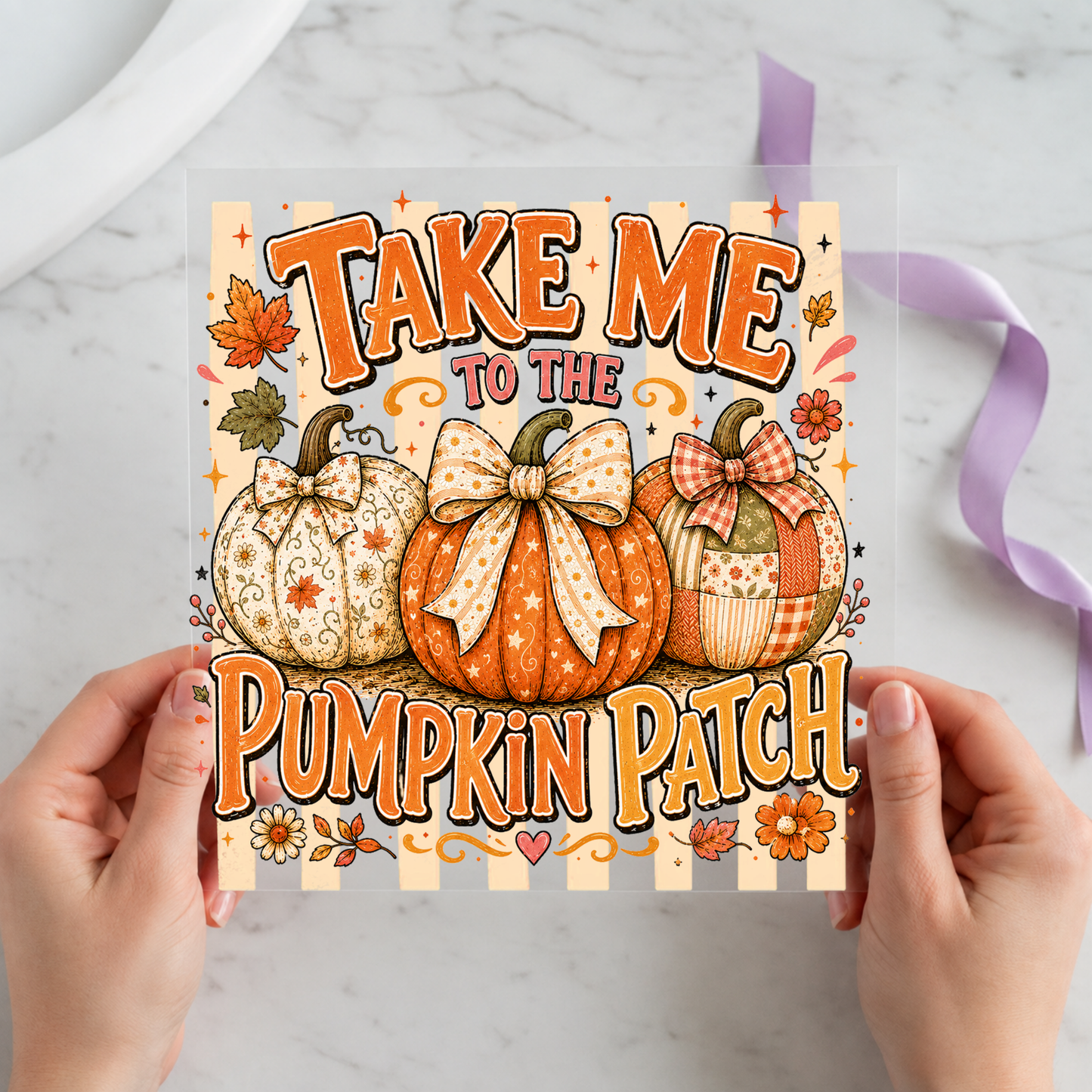 Take Me to the Pumpkin Patch Bows featuring three patterned pumpkins with oversized bows and orange lettering on a 12x12 ready-to-press DTF heat transfer