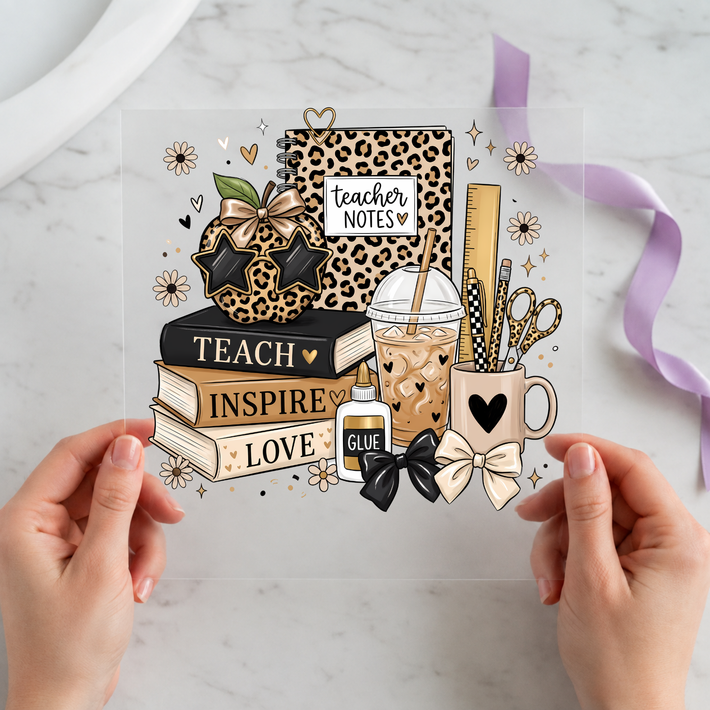 Teach Inspire Love Teacher featuring stacked books, coffee, notebook, apple, pencils and leopard accents on a 12x12 ready-to-press DTF heat transfer
