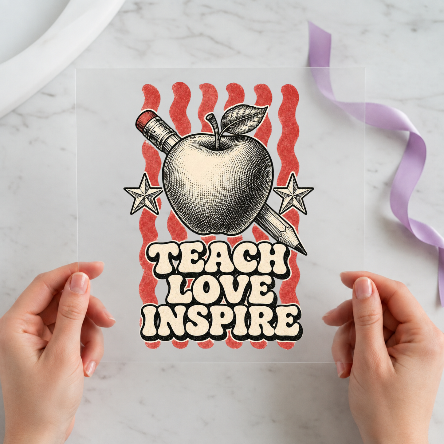 Teach Love Inspire Apple individual product photo included in the Teacher Appreciation five-pack DTF transfer bundle