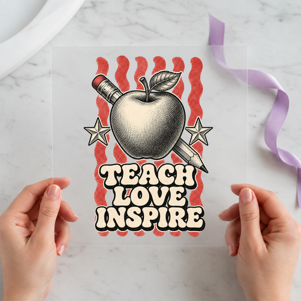 Teach Love Inspire Apple individual product photo included in the Teacher Appreciation five-pack DTF transfer bundle