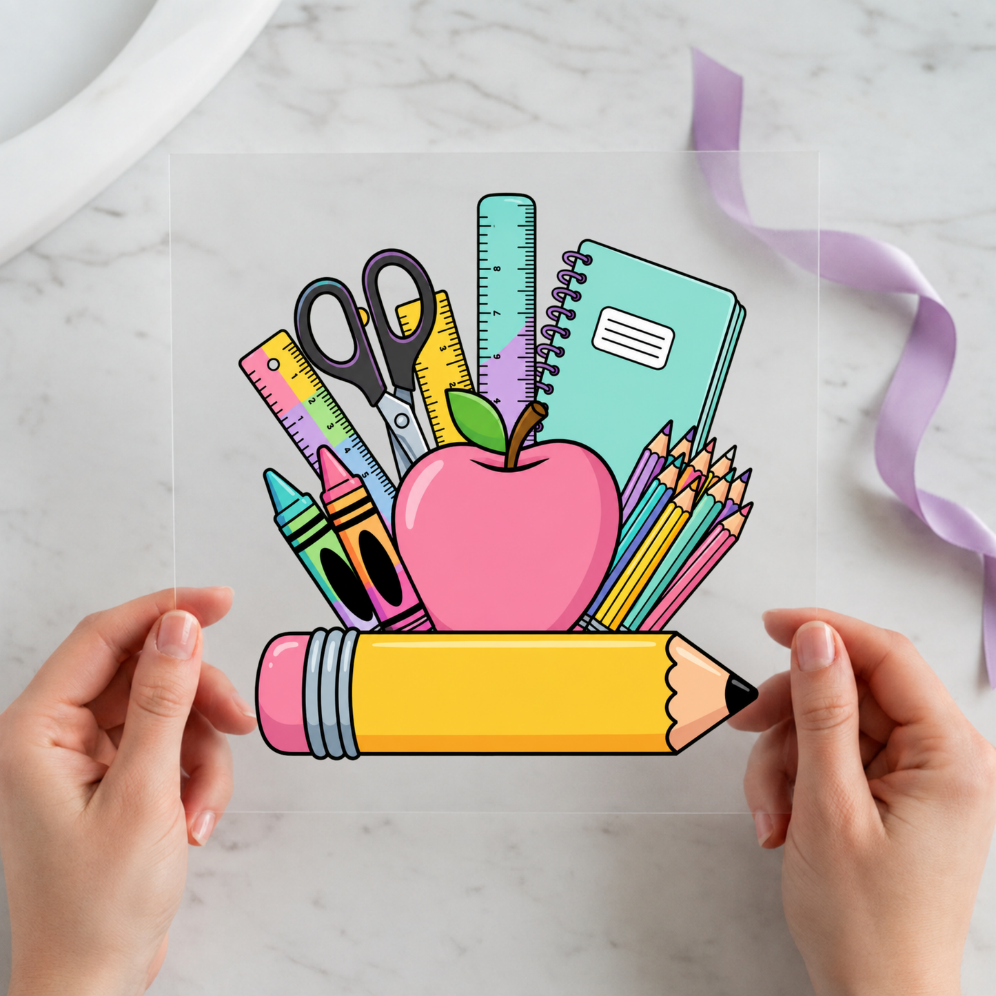 Teacher Apple Pencil Supplies featuring bright apple container filled with scissors, pencils, crayons and ruler on a 12x12 ready-to-press DTF heat transfer