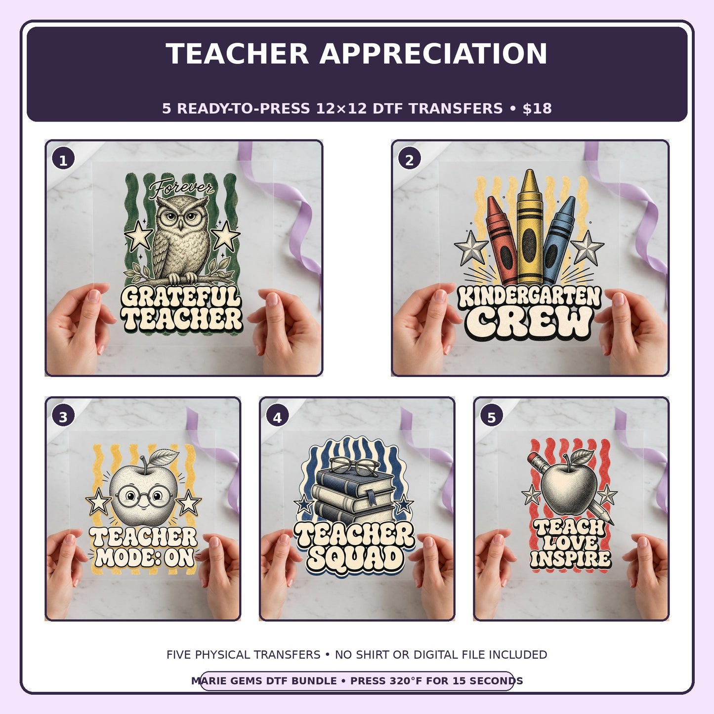 Teacher Appreciation five-pack 12x12 ready-to-press DTF transfer bundle collage showing all five included designs