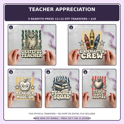 Teacher Appreciation five-pack 12x12 ready-to-press DTF transfer bundle collage showing all five included designs