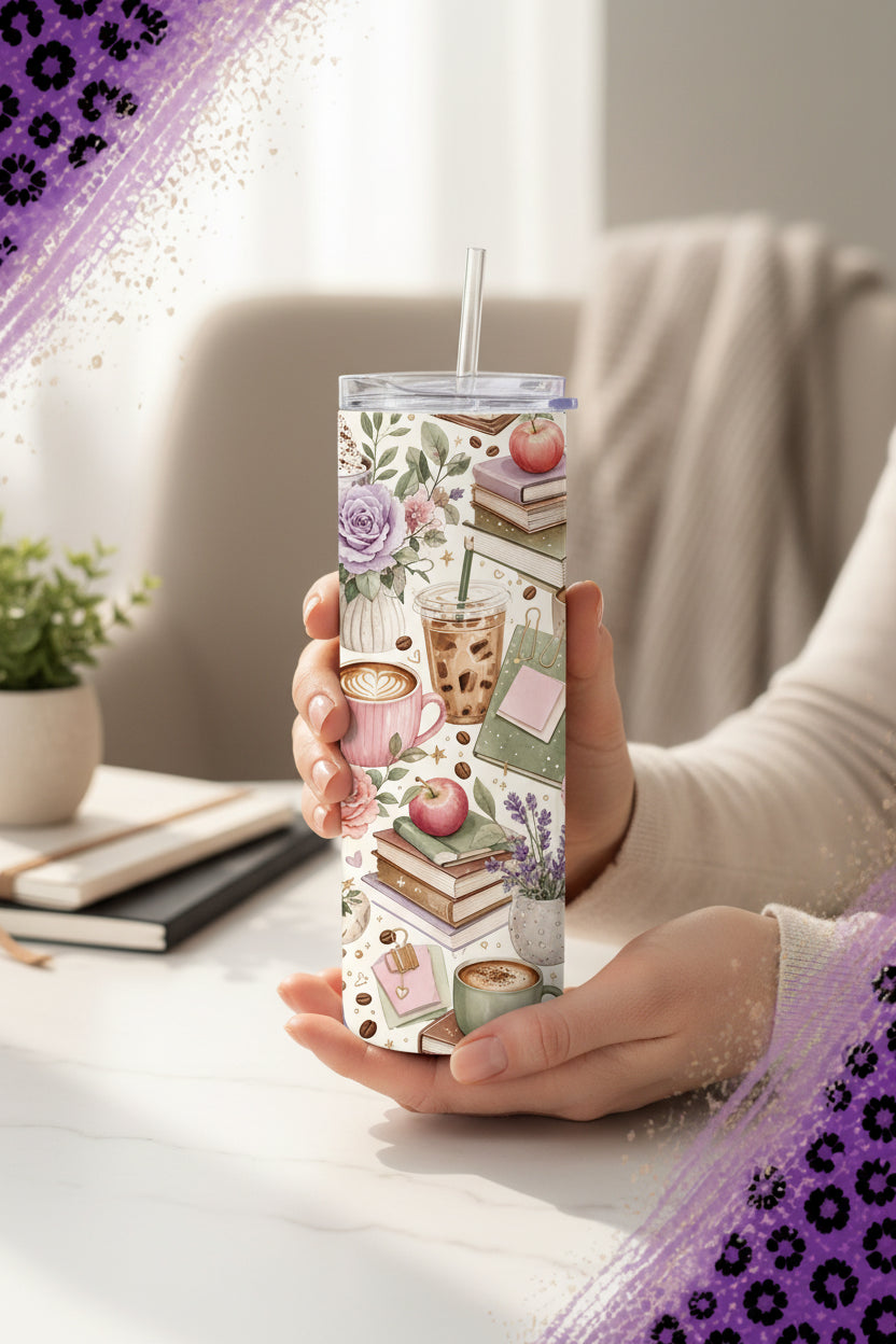 Teacher books and coffee 20 oz tumbler with apples, floral bouquets, notebooks and iced coffee