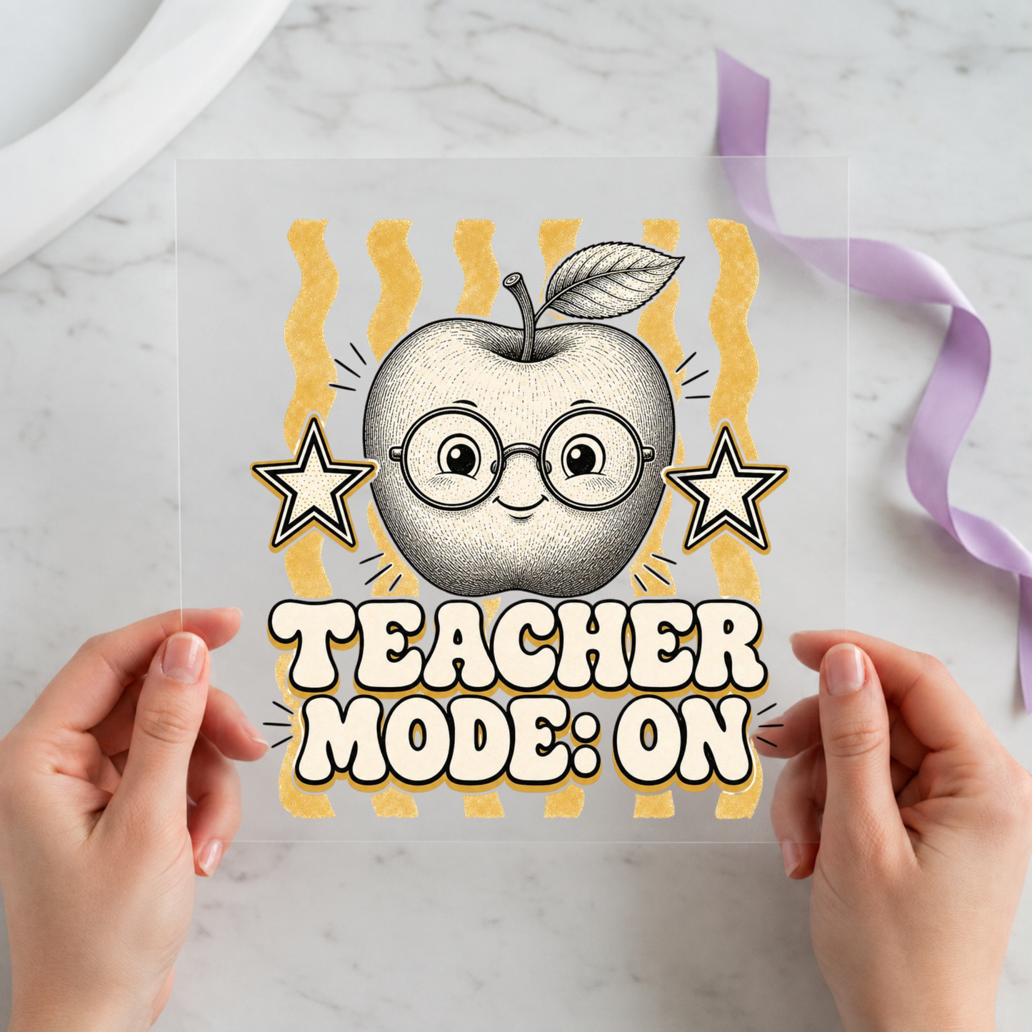 Teacher Mode On Apple individual product photo included in the Teacher Appreciation five-pack DTF transfer bundle