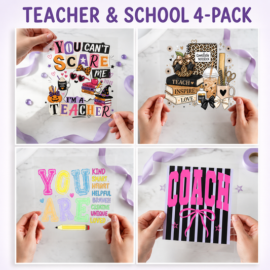 Teacher and School four-pack 12x12 ready-to-press DTF transfer bundle collage