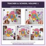 Teacher & School Volume 1 five-pack 12x12 ready-to-press DTF transfer bundle collage showing all five included designs