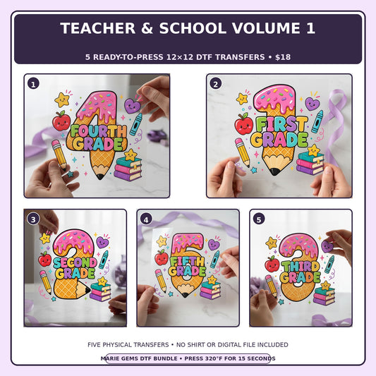 Teacher & School Volume 1 five-pack 12x12 ready-to-press DTF transfer bundle collage showing all five included designs