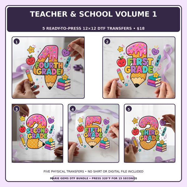 Teacher & School Volume 1 five-pack 12x12 ready-to-press DTF transfer bundle collage showing all five included designs