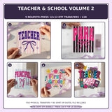 Teacher & School Volume 2 five-pack 12x12 ready-to-press DTF transfer bundle collage showing all five included designs