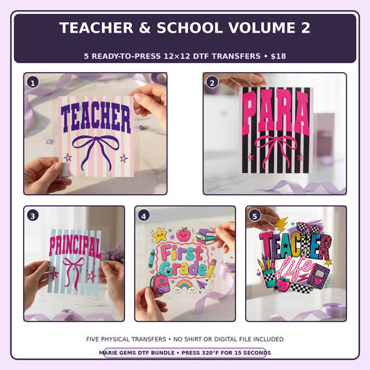 Teacher & School Volume 2 five-pack 12x12 ready-to-press DTF transfer bundle collage showing all five included designs