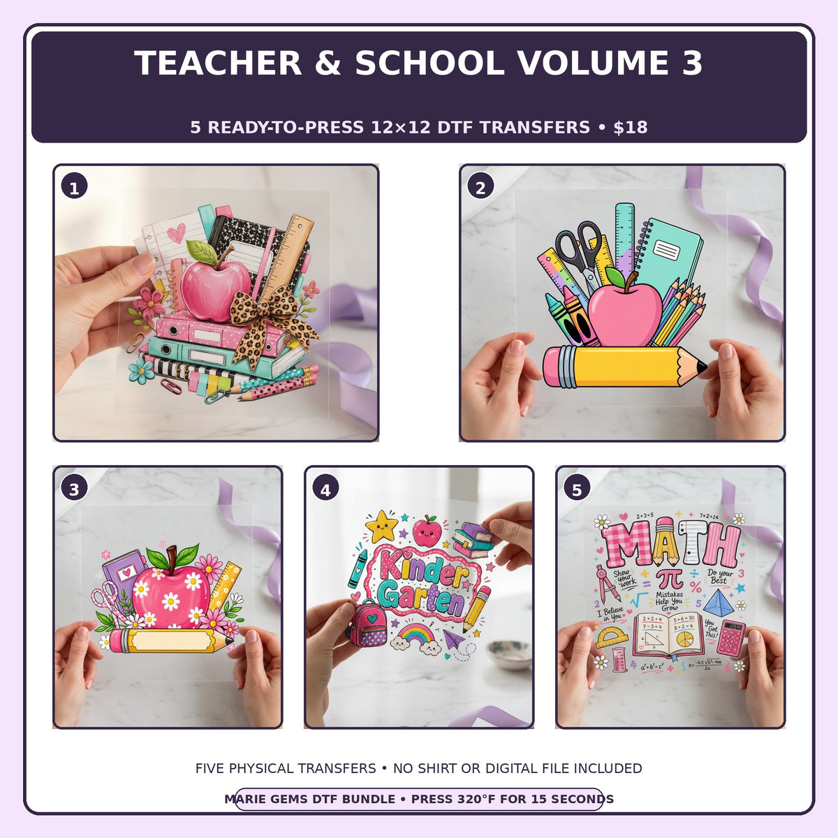 Teacher & School Volume 3 five-pack 12x12 ready-to-press DTF transfer bundle collage showing all five included designs