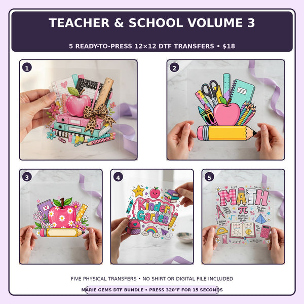 Teacher & School Volume 3 five-pack 12x12 ready-to-press DTF transfer bundle collage showing all five included designs