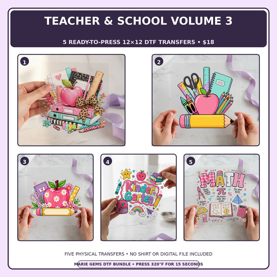 Teacher & School Volume 3 five-pack 12x12 ready-to-press DTF transfer bundle collage showing all five included designs