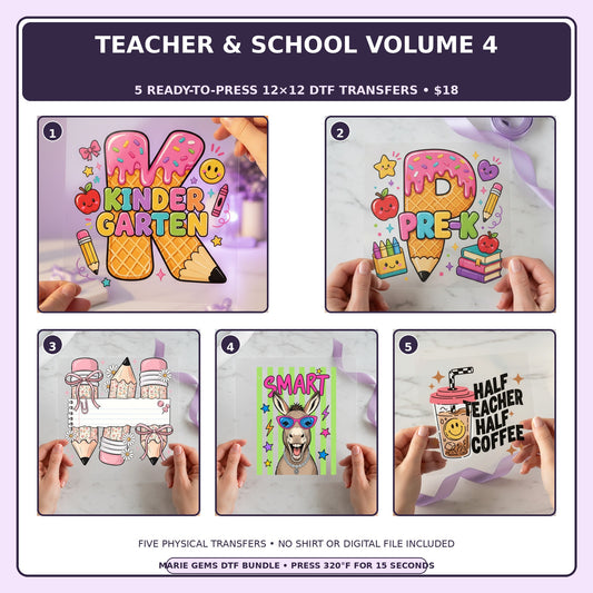 Teacher & School Volume 4 five-pack 12x12 ready-to-press DTF transfer bundle collage showing all five included designs