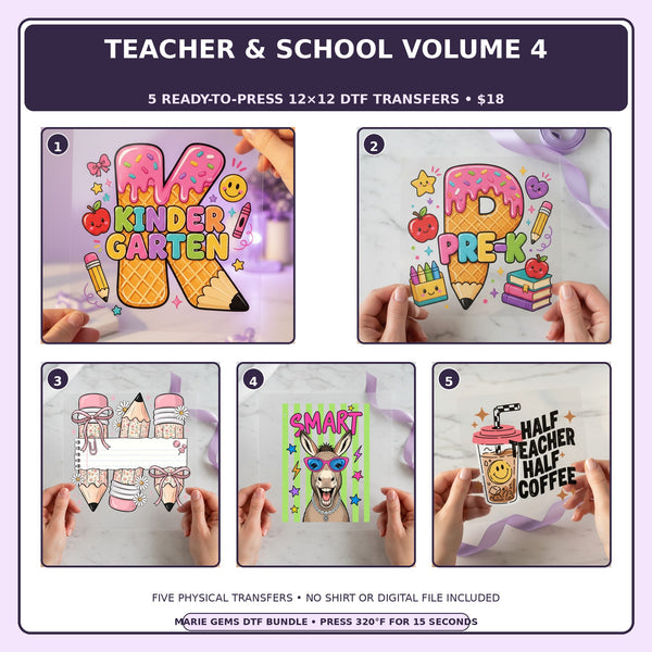 Teacher & School Volume 4 five-pack 12x12 ready-to-press DTF transfer bundle collage showing all five included designs