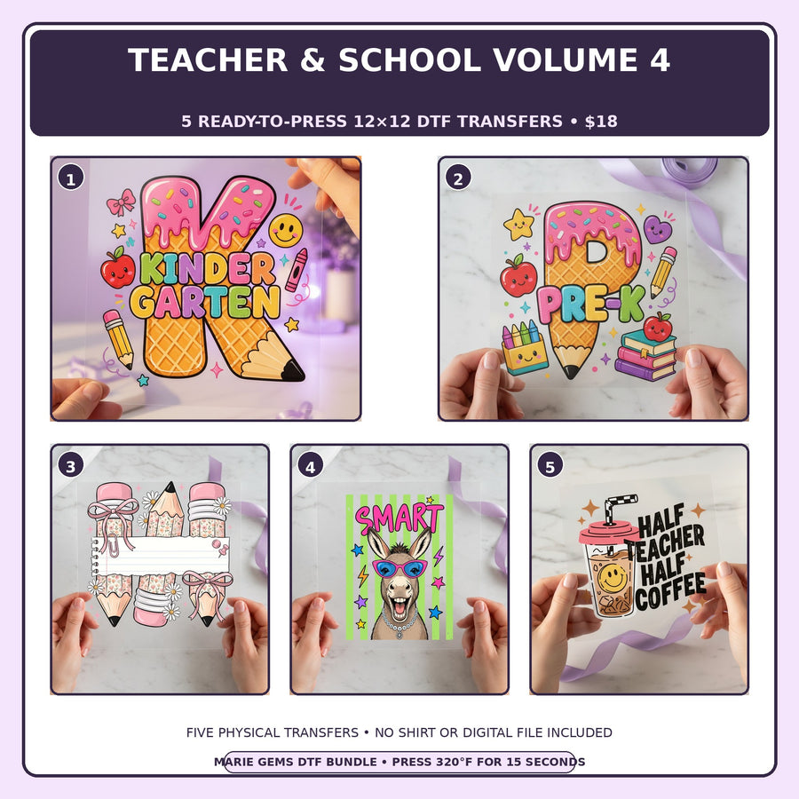 Teacher & School Volume 4 five-pack 12x12 ready-to-press DTF transfer bundle collage showing all five included designs