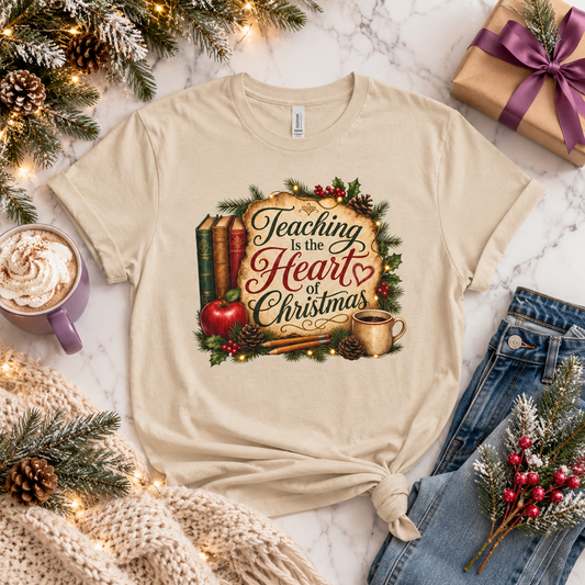 Teaching Is the Heart of Christmas sand teacher T-shirt holiday flat lay