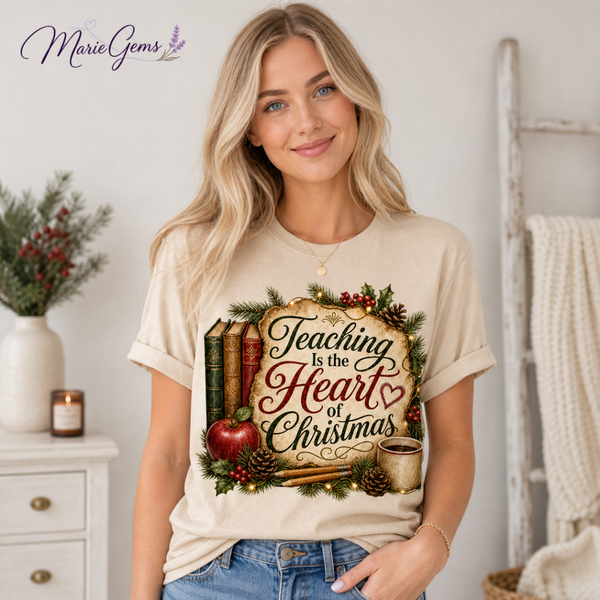 Teaching Is the Heart of Christmas sand teacher T-shirt lifestyle mockup